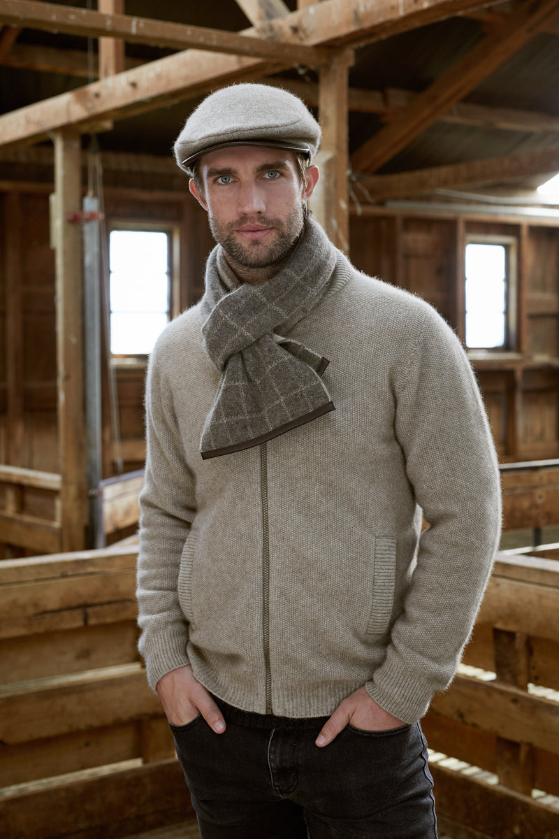 P0SSUM & MERINO CHECK SCARF WITH LAMBSKIN LEATHER TRIM 673