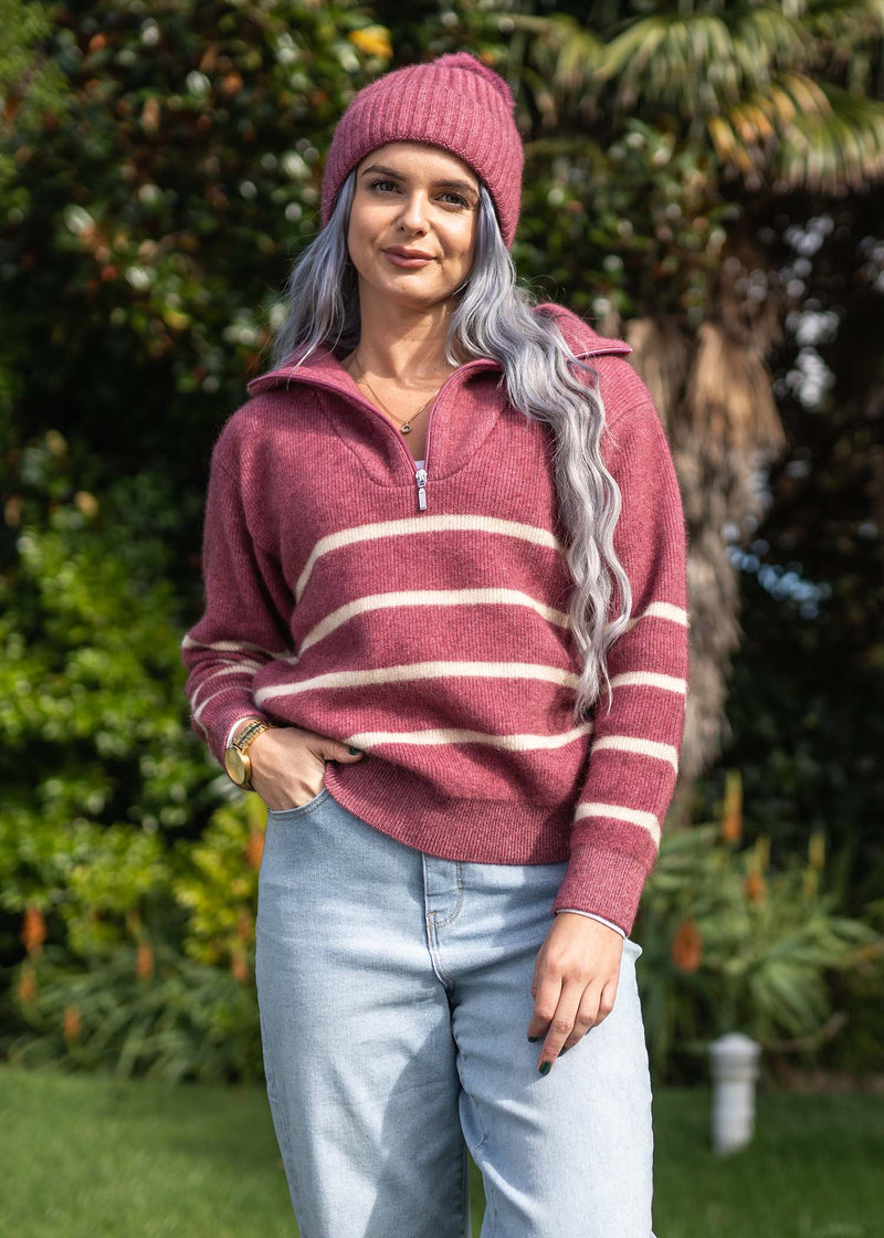 POSSUM & MERINO WOMEN'S STRIPED CABLE JUMPER KO559