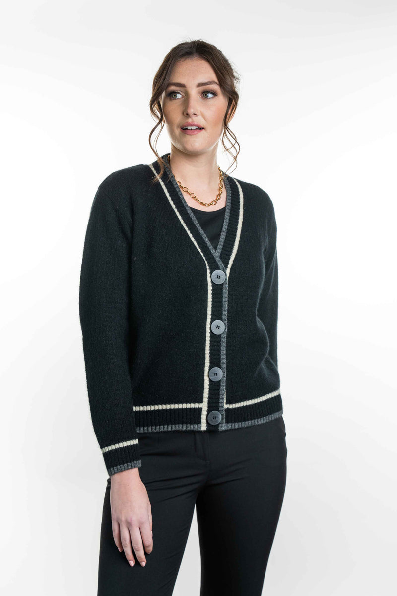 POSSUM & MERINO WOMEN'S V NECK CARDIGAN WITH CONTRAST TRIM KO561