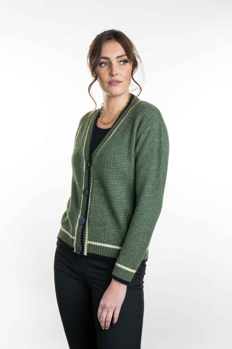 POSSUM & MERINO WOMEN'S V NECK CARDIGAN WITH CONTRAST TRIM KO561