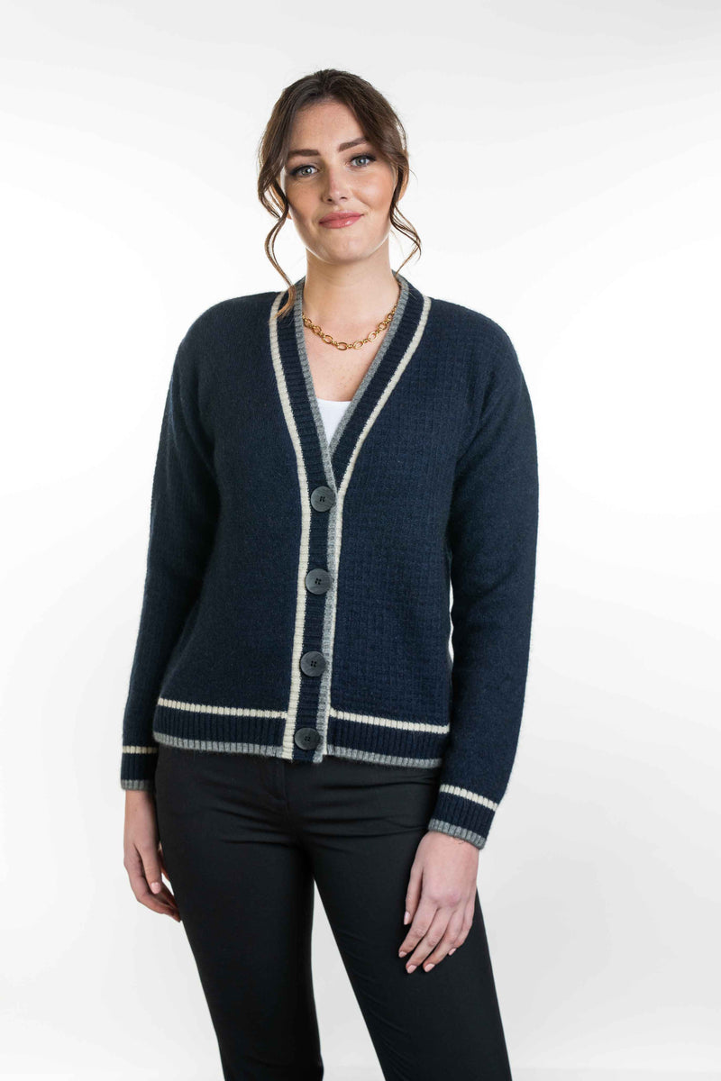 POSSUM & MERINO WOMEN'S V NECK CARDIGAN WITH CONTRAST TRIM KO561