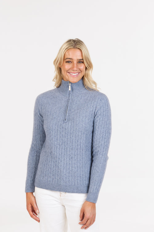 POSSUM & MERINO WOMEN’S CABLE HALF ZIP SWEATER