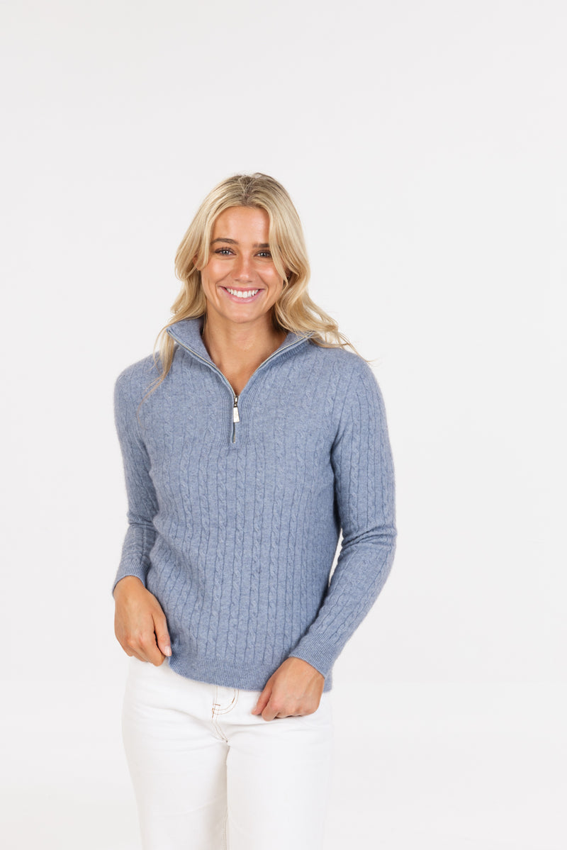 POSSUM & MERINO WOMEN’S CABLE HALF ZIP SWEATER