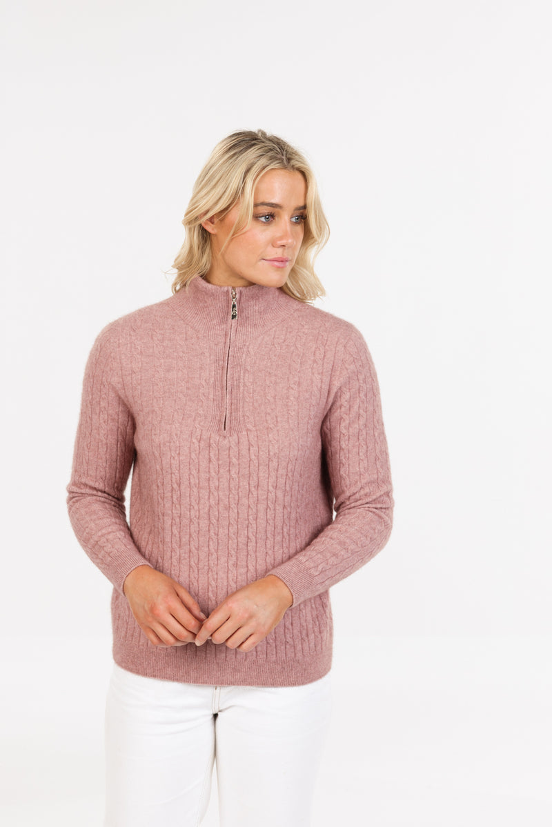 POSSUM & MERINO WOMEN’S CABLE HALF ZIP SWEATER