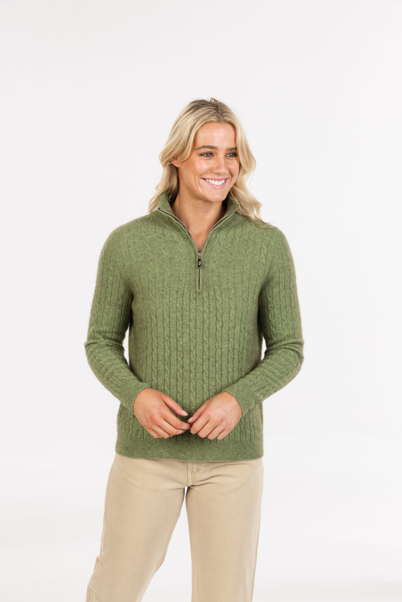 POSSUM & MERINO WOMEN’S CABLE HALF ZIP SWEATER